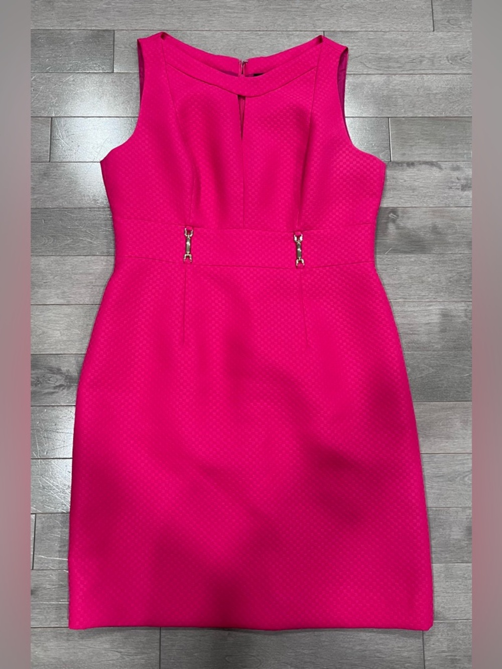 Tahari Arthur S Levine Hot Pink Jacquard Sheath Dress Gold Hook Size 12 NWOT